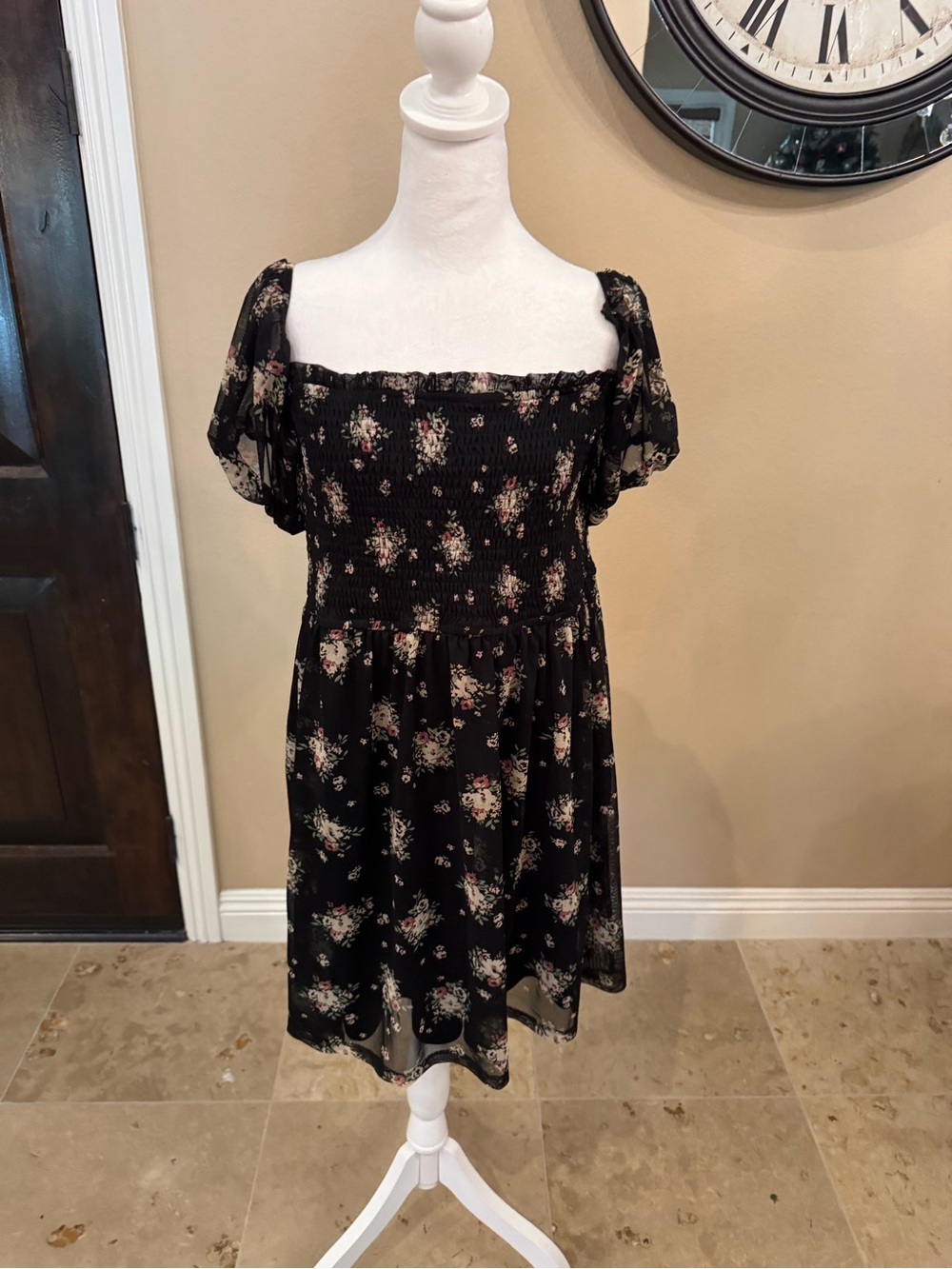 Hollister Black Floral Smocked Mini Dress with Pink and Cream Blooms